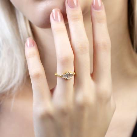 Sıralı Zirkon Taşlı Popcorn Tasarım Altın Renk Ayarlanabilir Ölçü 925 Ayar Gümüş Kadın Beştaş Yüzük - Tesbihane