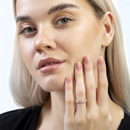 Sıralı Zirkon Taşlı Rose Renk Ayarlanabilir Ölçü Yarım Tur 925 Ayar Gümüş Kadın Yüzük - Tesbihane