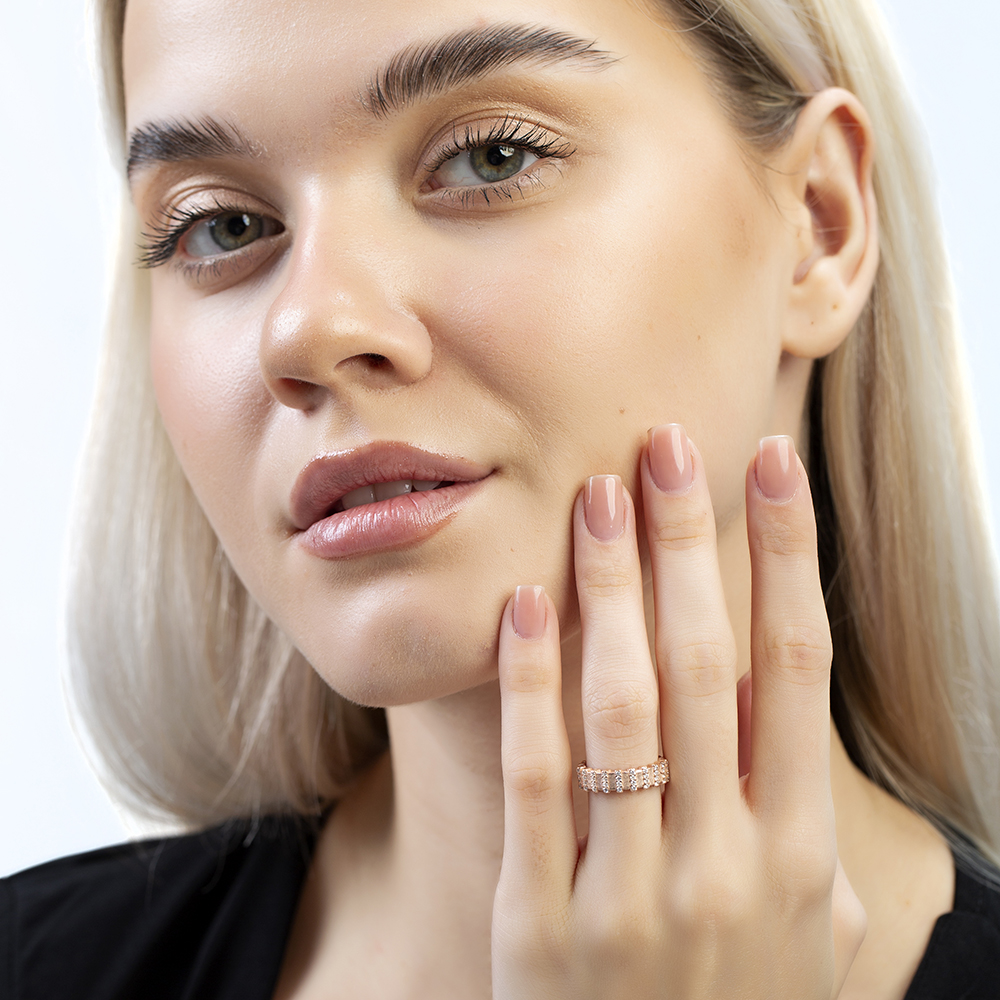 Sıralı Zirkon Taşlı Rose Renk Ayarlanabilir Ölçü Yarım Tur 925 Ayar Gümüş Kadın Yüzük - 1