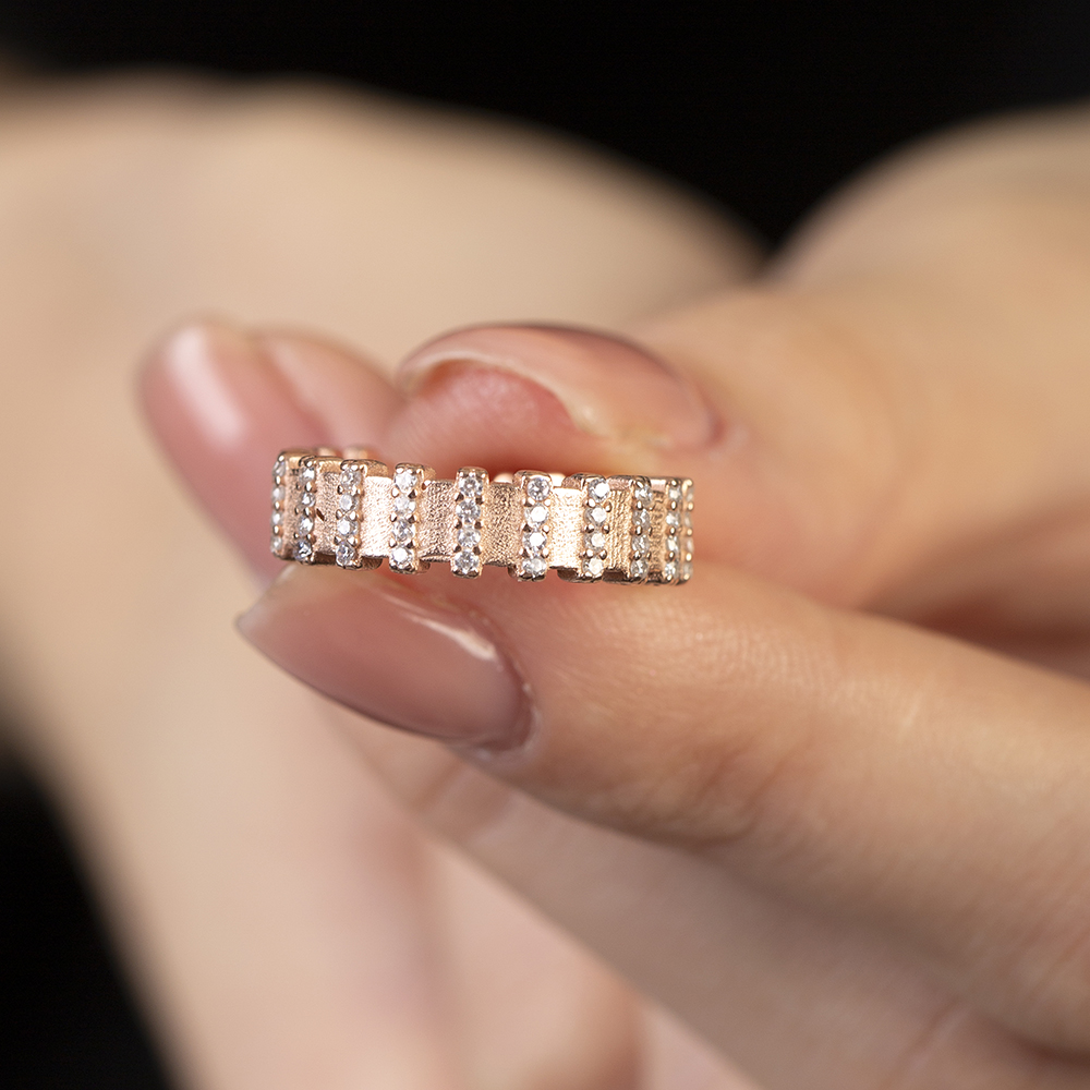 Sıralı Zirkon Taşlı Rose Renk Ayarlanabilir Ölçü Yarım Tur 925 Ayar Gümüş Kadın Yüzük - 2