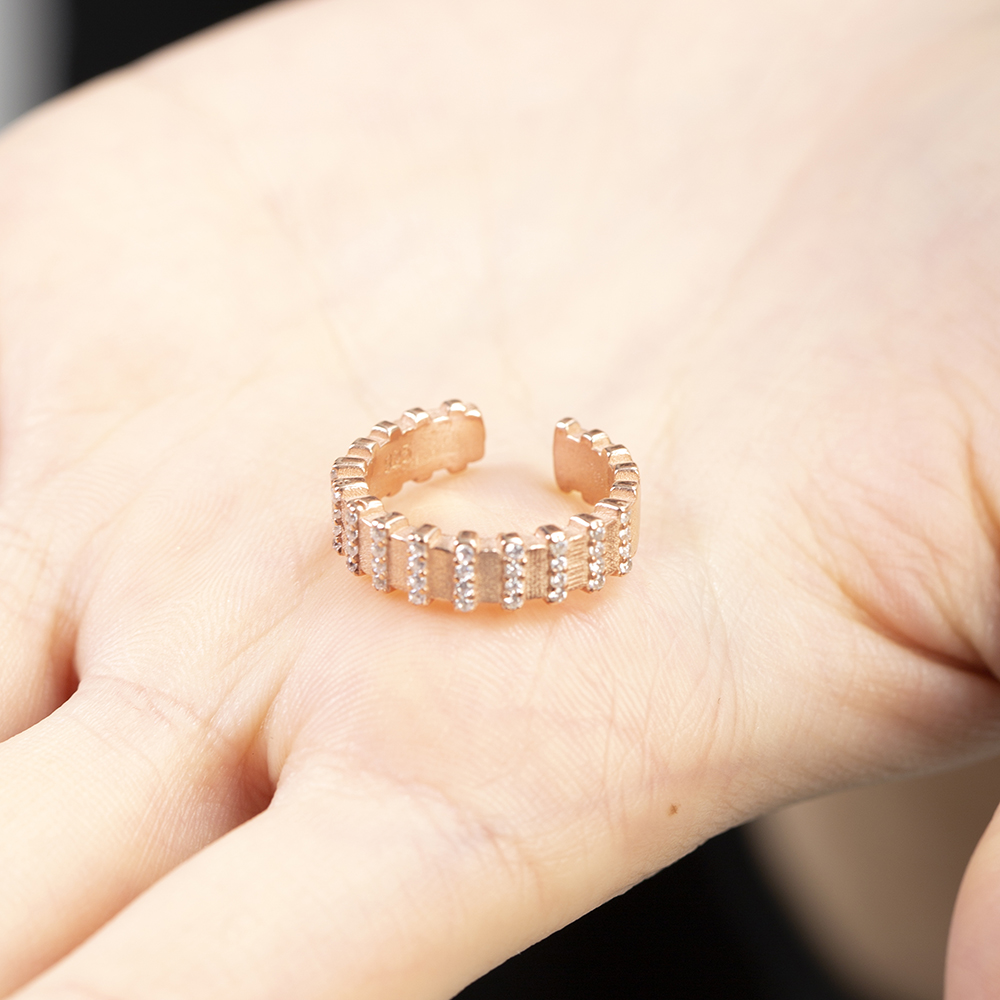 Sıralı Zirkon Taşlı Rose Renk Ayarlanabilir Ölçü Yarım Tur 925 Ayar Gümüş Kadın Yüzük - 5