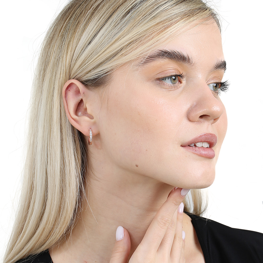 Sıralı Zirkon Taşlı Rose Renk Tam Tur 925 Ayar Gümüş Kadın Küpe - 1