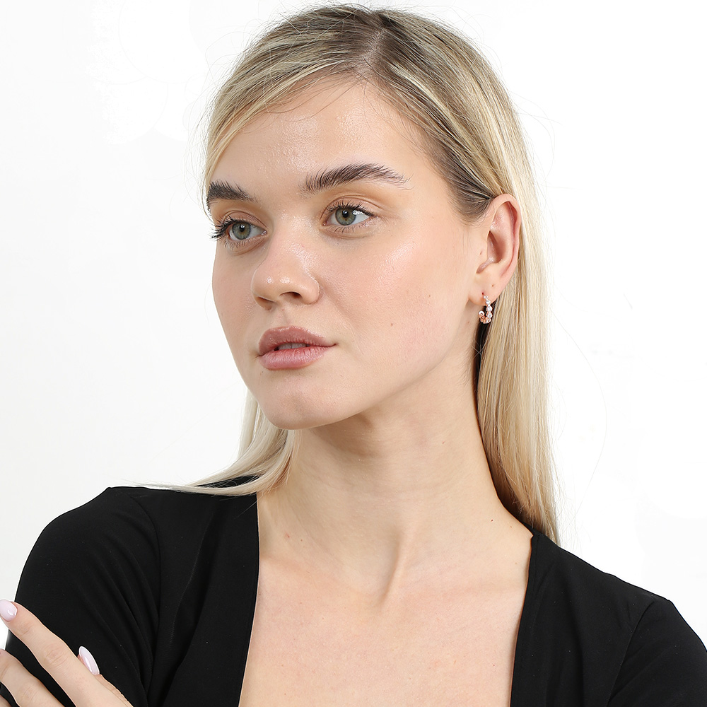 Sıralı Zirkon Taşlı Rose Renk Yarım Tur 925 Ayar Gümüş Kadın Küpe - 2