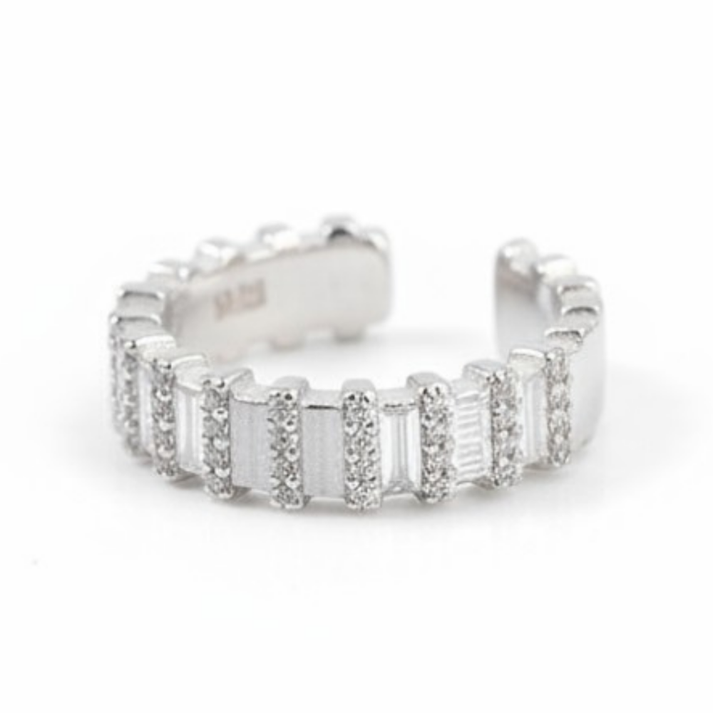 Sıralı Zirkon Taşlı Gümüş Renk Ayarlanabilir Ölçü Yarım Tur 925 Ayar Gümüş Kadın Yüzük - 2