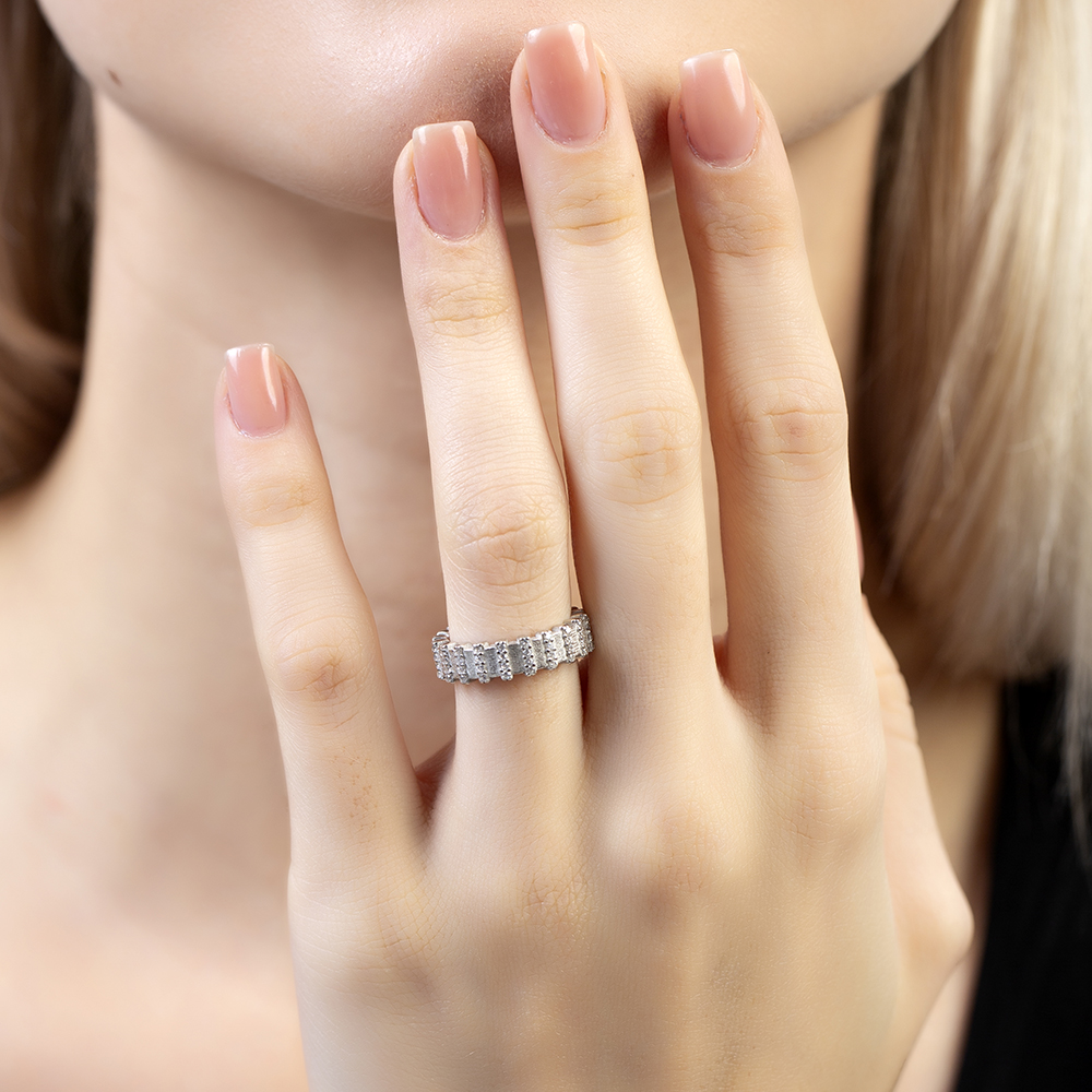 Sıralı Zirkon Taşlı Gümüş Renk Ayarlanabilir Ölçü Yarım Tur 925 Ayar Gümüş Kadın Yüzük - 1