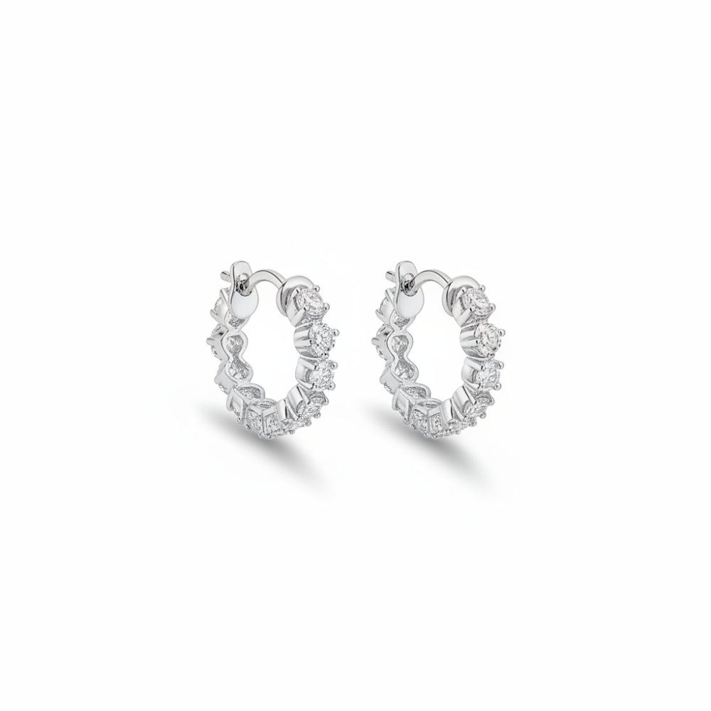 Sıralı Zirkon Taşlı Gümüş Renk Yarım Tur 925 Ayar Gümüş Kadın Küpe - 4