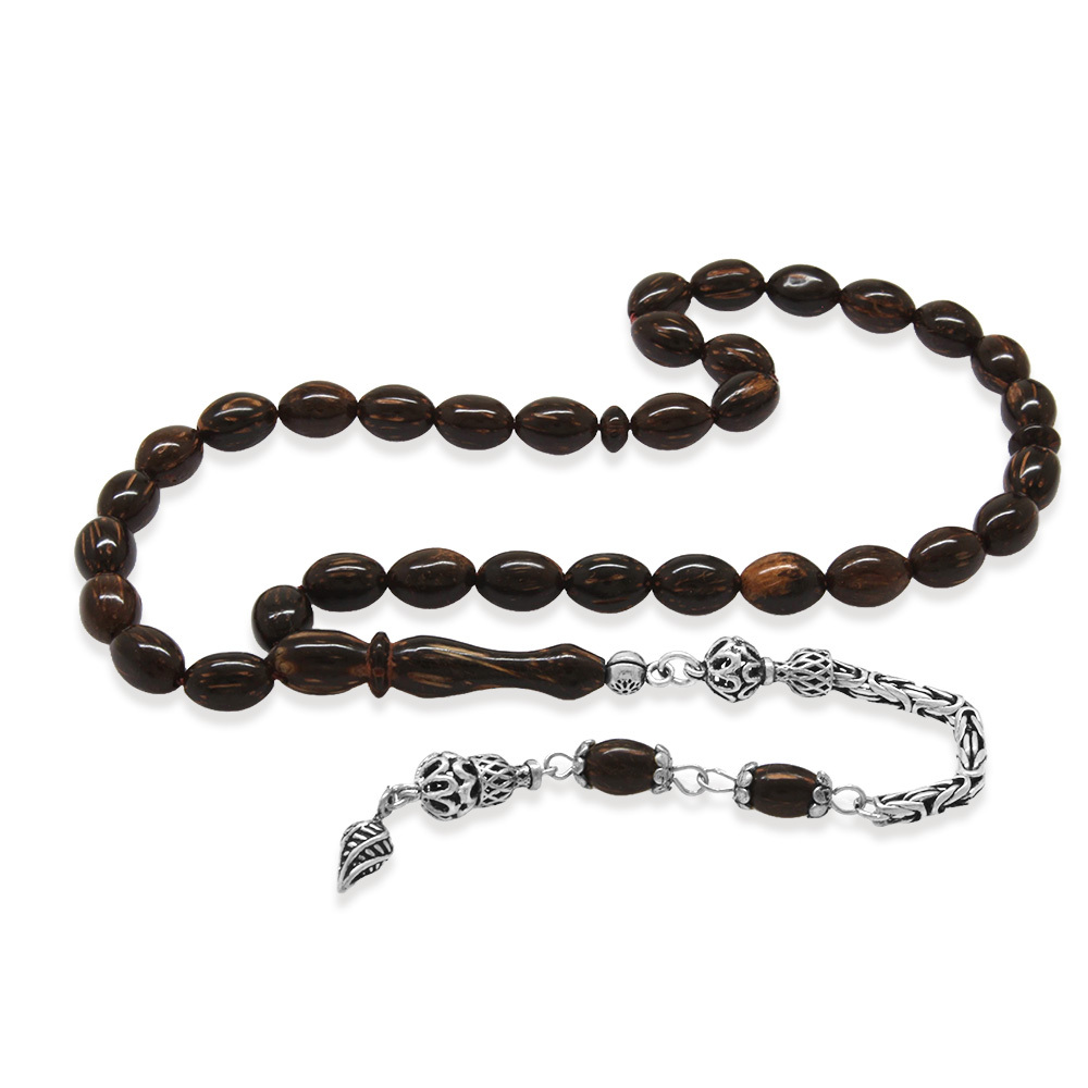 Sırçalı Kuka Tesbih - 925 Ayar Gümüş Kral Zincir Püsküllü - Koyu Kahverengi - Arpa Kesim - 4