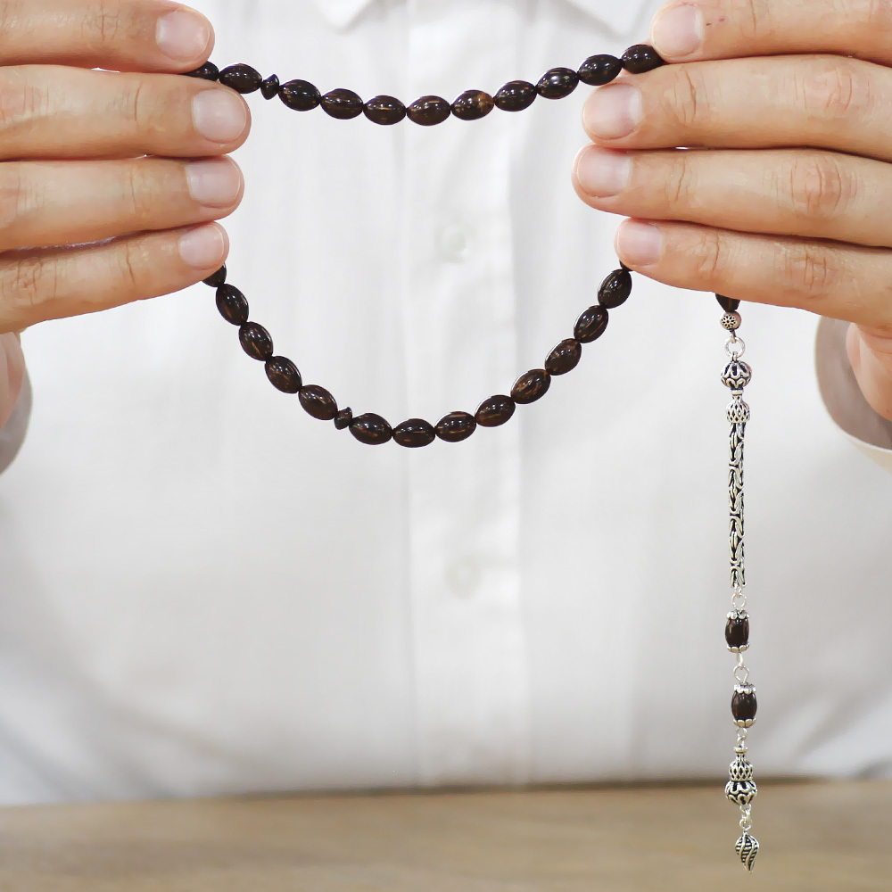 Sırçalı Kuka Tesbih - 925 Ayar Gümüş Kral Zincir Püsküllü - Koyu Kahverengi - Arpa Kesim - 3