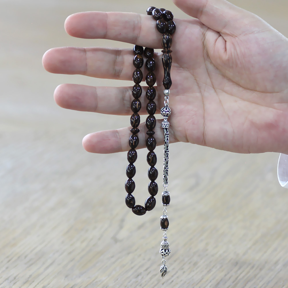 Sırçalı Kuka Tesbih - 925 Ayar Gümüş Kral Zincir Püsküllü - Koyu Kahverengi - Arpa Kesim - 2