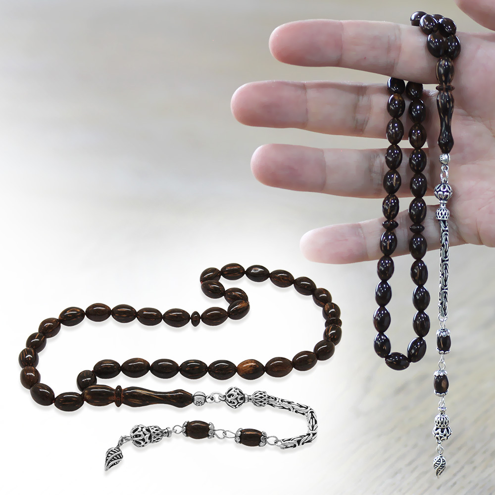 Sırçalı Kuka Tesbih - 925 Ayar Gümüş Kral Zincir Püsküllü - Koyu Kahverengi - Arpa Kesim - 1