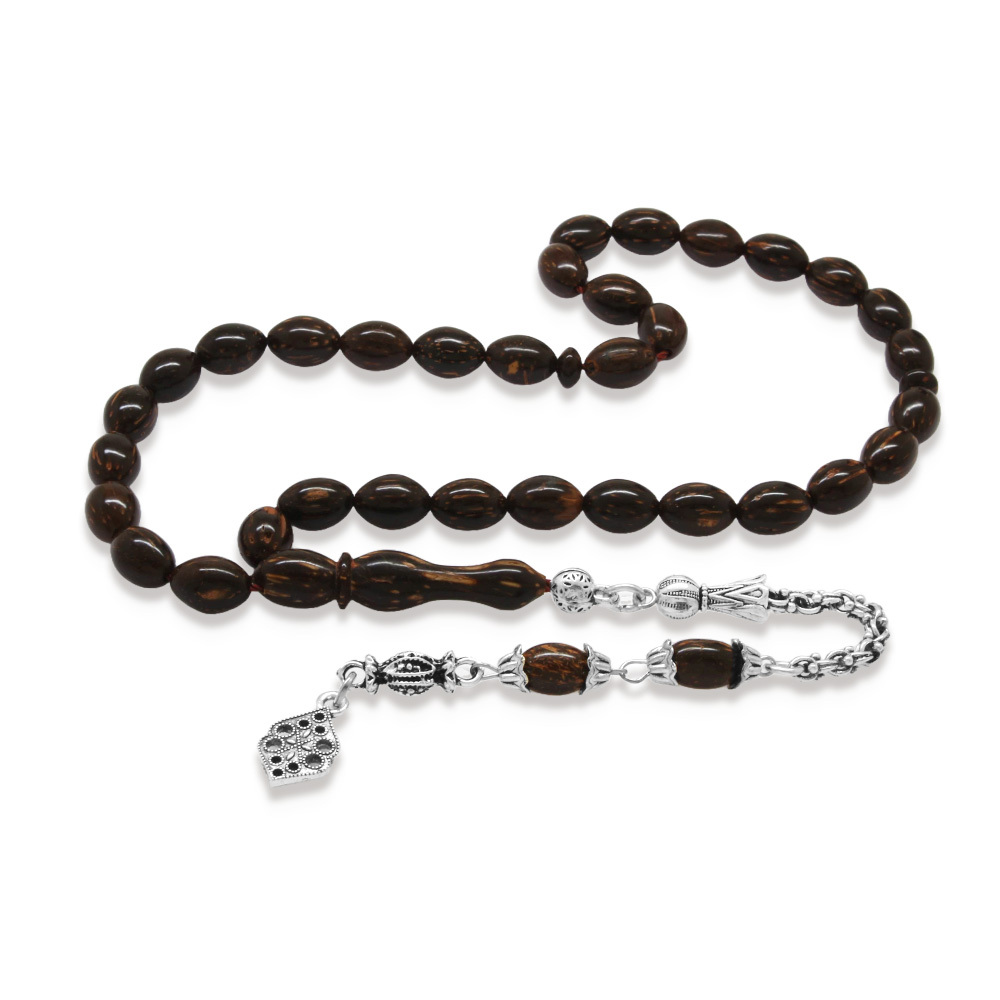 Sırçalı Kuka Tesbih - Kararmaz Metal Arnavut Zincir Püsküllü - Koyu Kahverengi - Arpa Kesim - 4