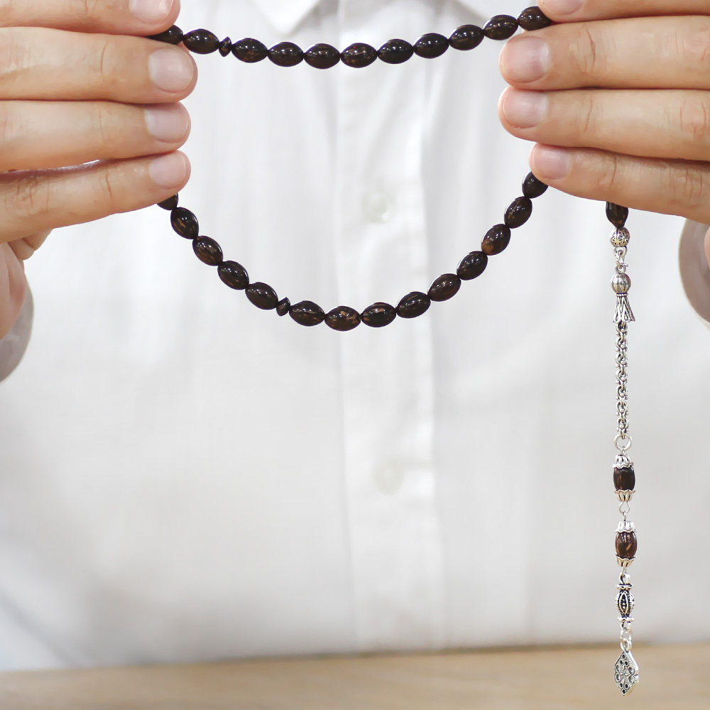 Sırçalı Kuka Tesbih - Kararmaz Metal Arnavut Zincir Püsküllü - Koyu Kahverengi - Arpa Kesim - 3