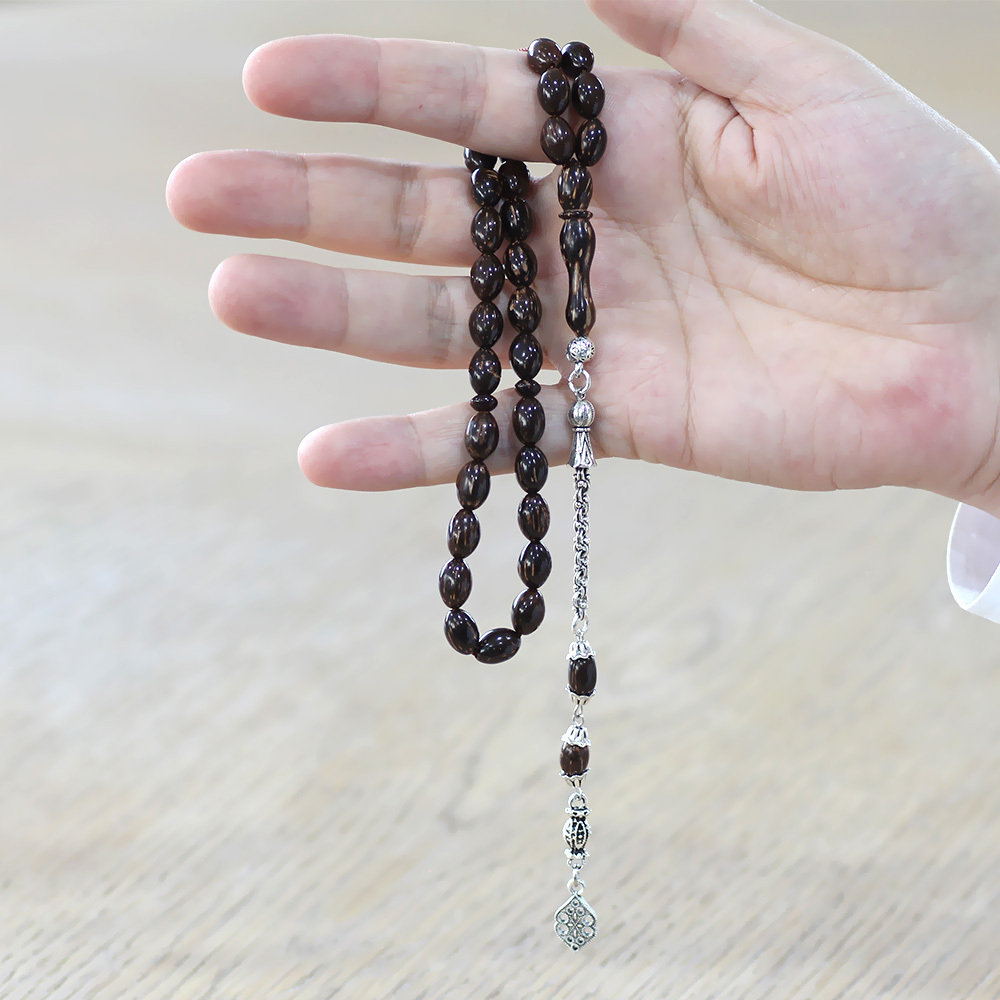 Sırçalı Kuka Tesbih - Kararmaz Metal Arnavut Zincir Püsküllü - Koyu Kahverengi - Arpa Kesim - 2