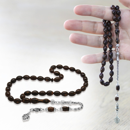 Sırçalı Kuka Tesbih - Kararmaz Metal Arnavut Zincir Püsküllü - Koyu Kahverengi - Arpa Kesim - Tesbihane