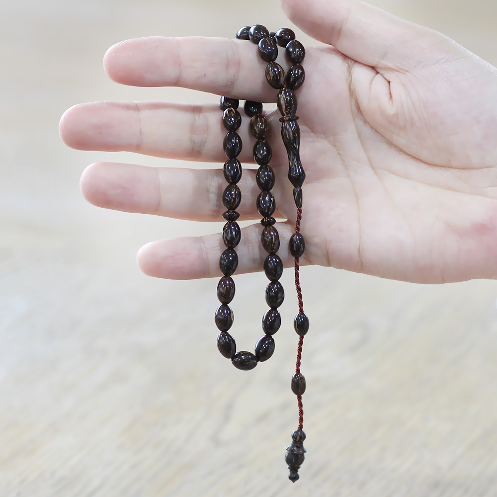 Sırçalı Kuka Tesbih - Sistemli Tasarım - Koyu Kahverengi - Arpa Kesim - 2