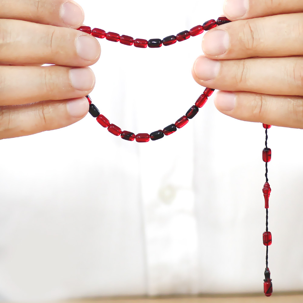 Ateş Kehribar Tesbih - Mini Boy - Sistem Takımlı - Kırmızı Siyah - Kapsül Kesim - 3