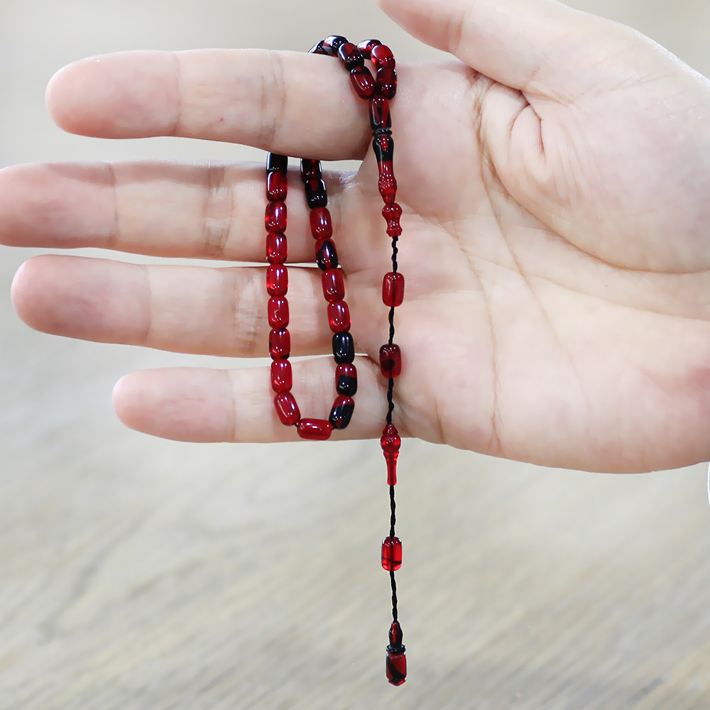 Ateş Kehribar Tesbih - Mini Boy - Sistem Takımlı - Kırmızı Siyah - Kapsül Kesim - 2