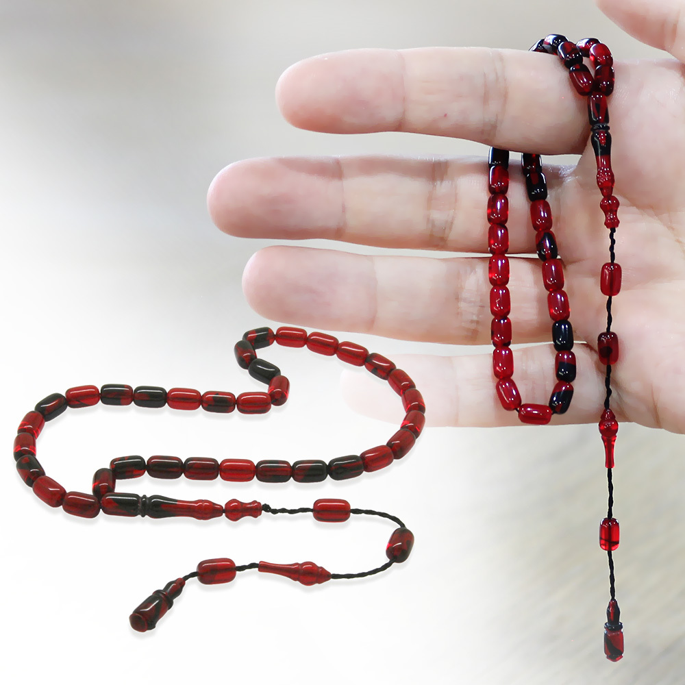 Ateş Kehribar Tesbih - Mini Boy - Sistem Takımlı - Kırmızı Siyah - Kapsül Kesim - 1