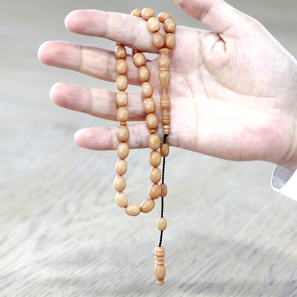 Sistemli Arpa Kesim Krem Rengi Sıkma Kehribar Tesbih - 3