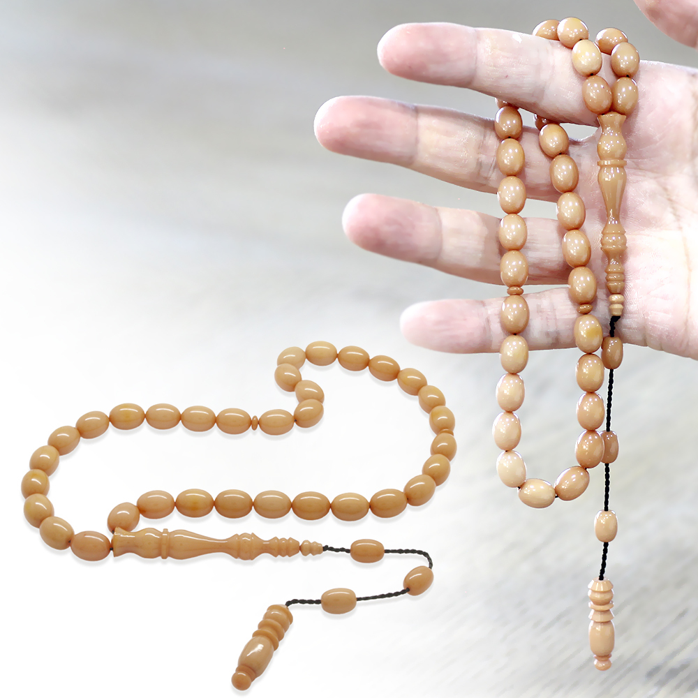 Sistemli Arpa Kesim Krem Rengi Sıkma Kehribar Tesbih - 1