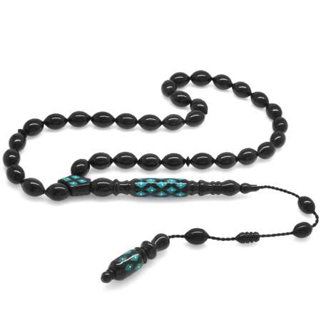 Sistemli Gümüş Firuze İşlemeli Her Tanesi Kumpas İşçilikli Arpa Kesim Erzurum Oltu Taşı Tesbih - Tesbihane