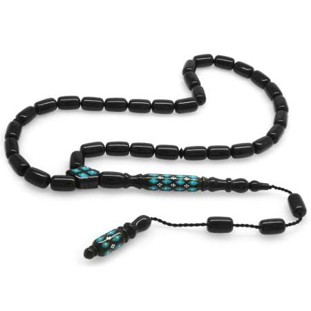 Sistemli Gümüş Firuze İşlemeli Kapsül Kesim Erzurum Oltu Taşı Tesbih - Tesbihane