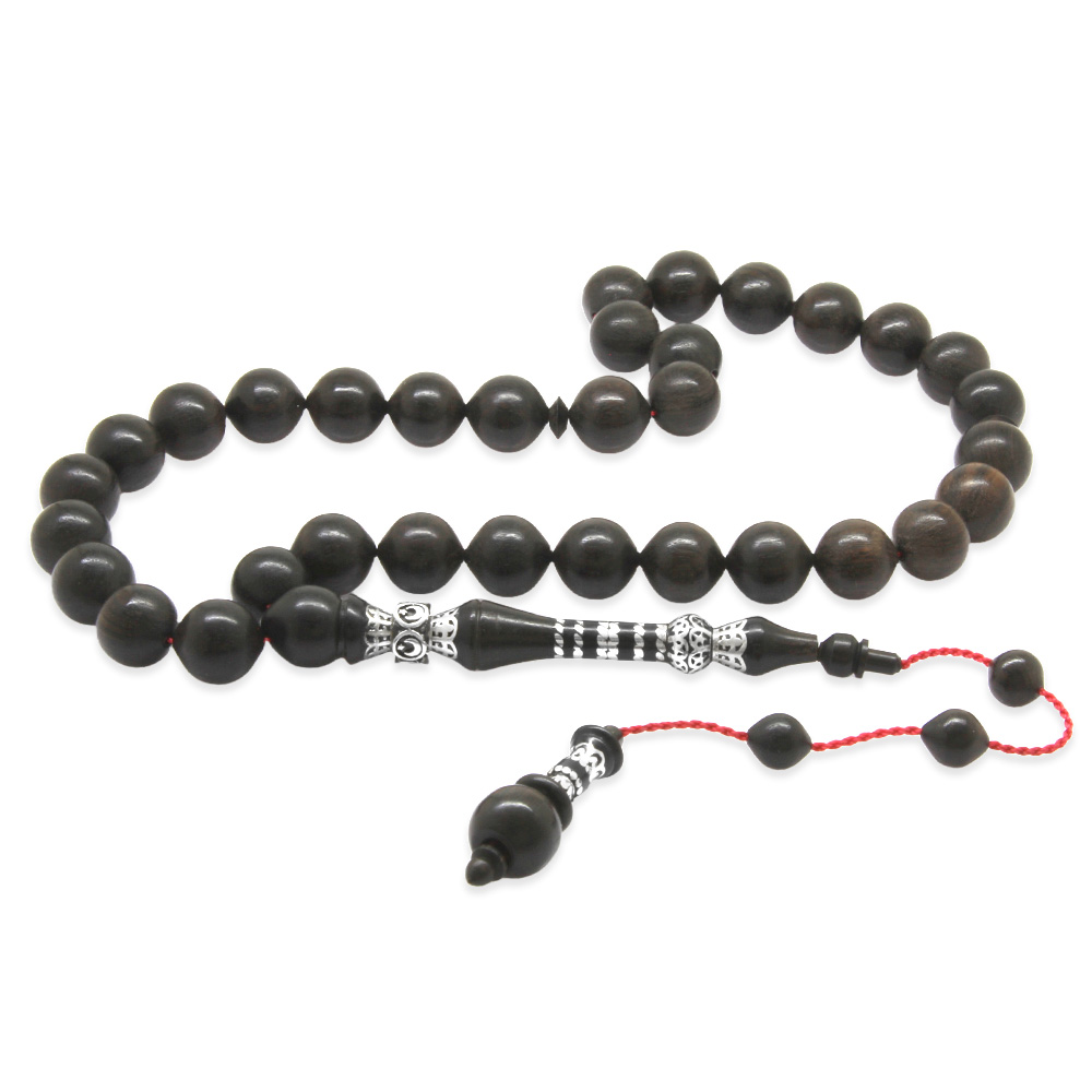 Sistemli Halil Özbuğ Usta Eseri 925 Ayar Gümüş Nakkaş İmameli Koleksiyonluk Abanoz Ağacı Tesbih - 1