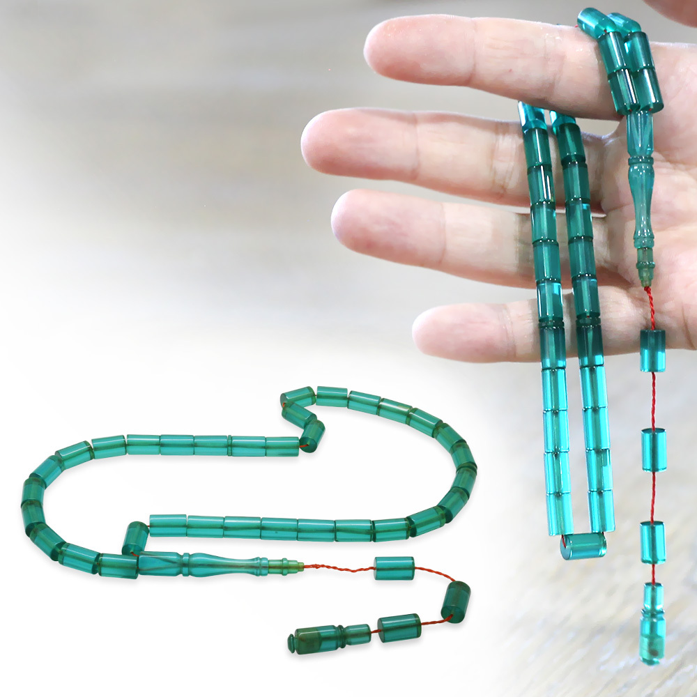 Sistemli Kesme Kesim Turkuaz Ateş Kehribar Tesbih - 1