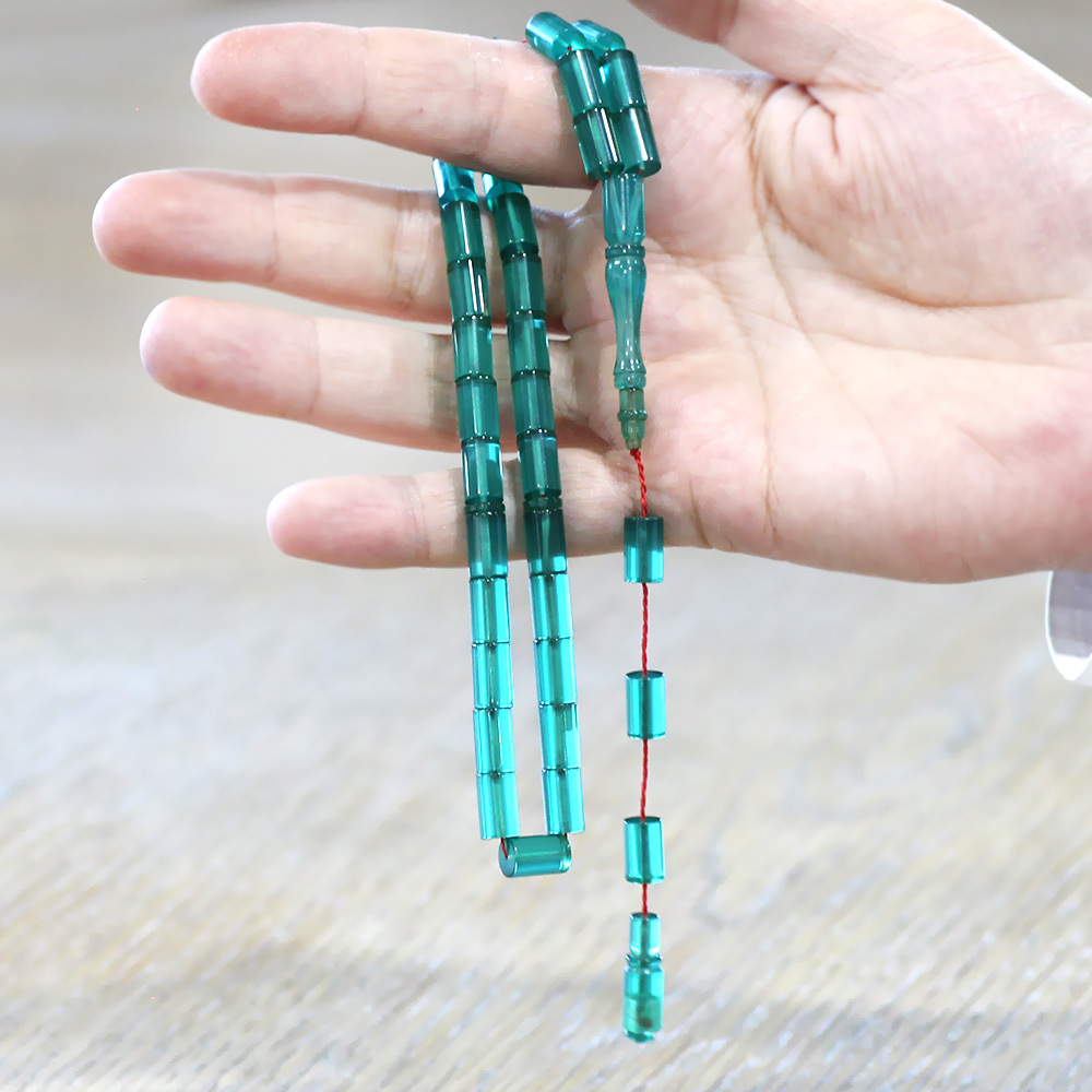 Sistemli Kesme Kesim Turkuaz Ateş Kehribar Tesbih - 2