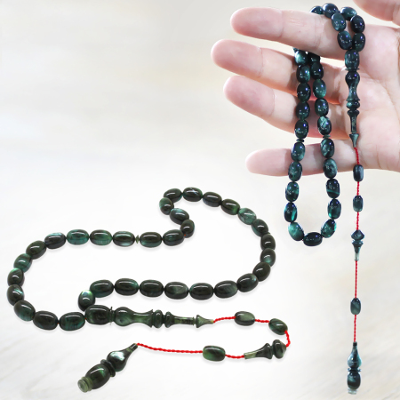 Sistemli Her Bir Tanesi ve İmamesi Usta İşçilikli Kapsül Kesim Sedefli Turkuaz Siyah Katalin Tesbih - Tesbihane