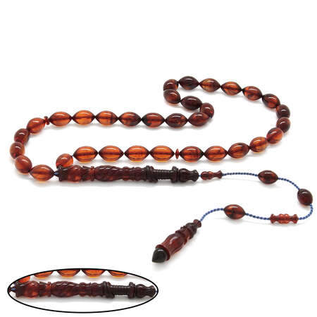 Sistemli Her Tanesi Kumpas İşçilikli Arpa Kesim Kalemkar İmame Kolleksiyonluk Açık Kırmızı Ateş Kehribar Tesbih - Tesbihane