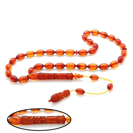 Sistemli Her Tanesi Kumpas İşçilikli Arpa Kesim Kalemkar İmame Kolleksiyonluk Karamel Renk Ateş Kehribar Tesbih - Tesbihane