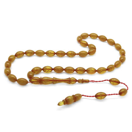 Sistemli Her Tanesi Kumpas İşçilikli Arpa Kesim Kolleksiyonluk Hareli Sarı Sıkma Kehribar Tesbih - Tesbihane