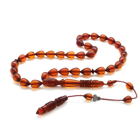 Sistemli Her Tanesi Kumpas İşçilikli Damla Kesim Kalemkar İmame Kolleksiyonluk Bal Rengi Ateş Kehribar Tesbih - Tesbihane