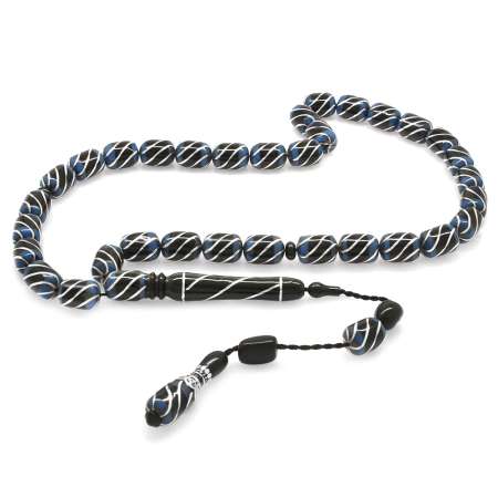 Sistemli Kapsül Kesim Her Bir Tanesi Kumpas İşçilikli Mavi Katalin Dolgulu Erzurum Oltu Taşı Tesbih - Tesbihane