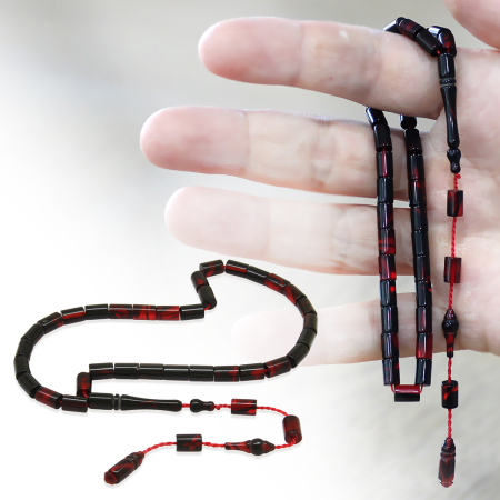 Sistemli Kesme Kesim Kırmızı Siyah Mini Boy Ateş Kehribar Tesbih - Tesbihane