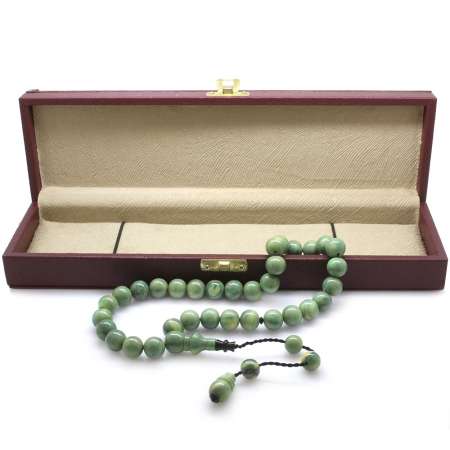 Sistemli Küre Kesim İri Boy Zarif İmameli Yeşil-Beyaz Çubuk Sıkma Kehribar Tesbih - Tesbihane