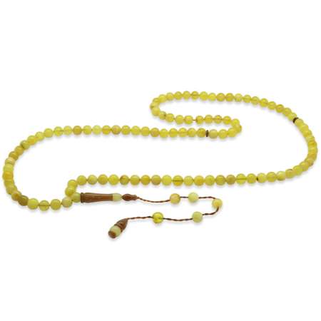 Sistemli Küre Kesim Kuka Kombinasyontaneli Sarı Beyaz Doğal Damla Kehribar 99 Taneli Namaz Tesbihi - Tesbihane