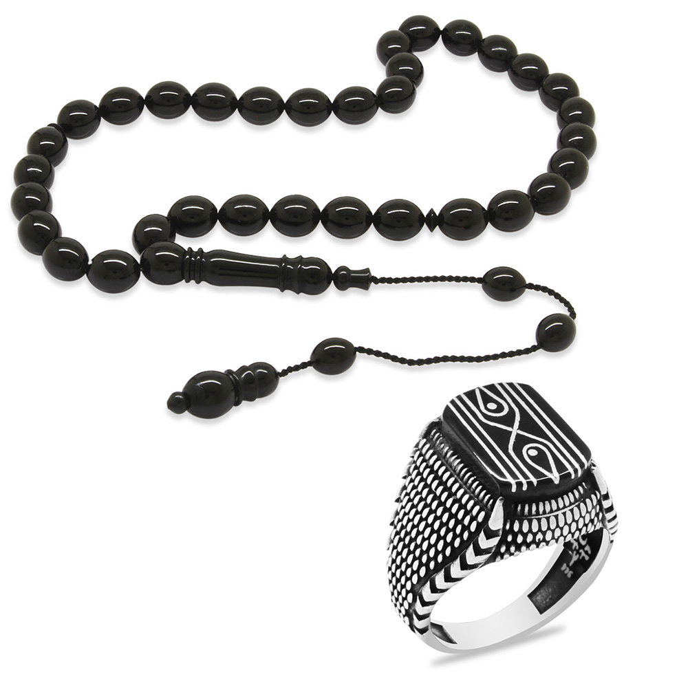 Sistemli Usta Kumpas İşçilikli Özel Kesim Erzurum Oltu Taşı Tesbih ve Oltu Gümüş Erkek Yüzük Seti - 1