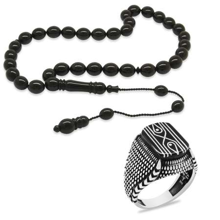 Sistemli Usta Kumpas İşçilikli Özel Kesim Erzurum Oltu Taşı Tesbih ve Oltu Gümüş Erkek Yüzük Seti - Tesbihane