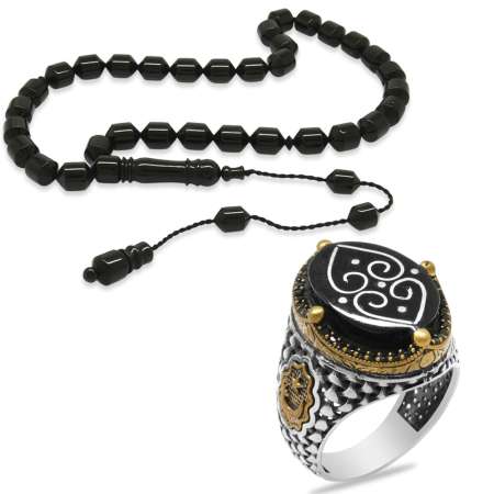 Sistemli Kumpas İşçilikli Uçlu Kapsül Kesim Erzurum Oltu Taşı Tesbih Ve Gümüş Erkek Yüzük Seti - Tesbihane