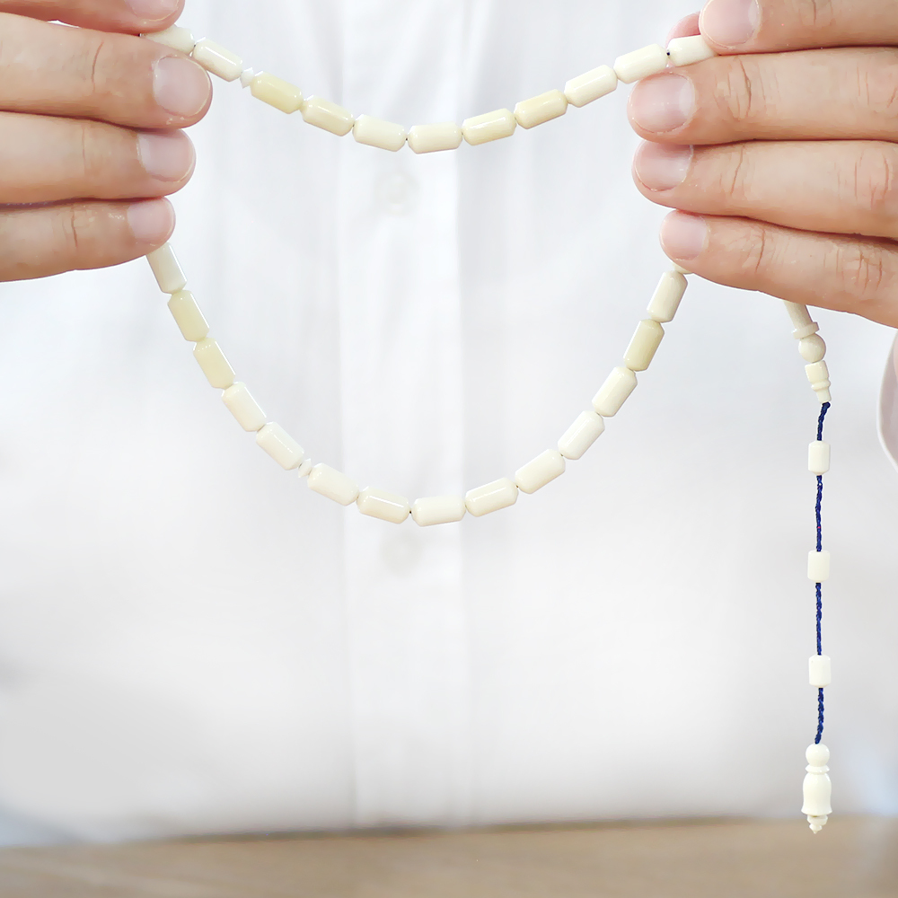 Sistemli Uçlu Kapsül Kesim Naturel Renk Lacivert İpli Deve Kemiği Tesbih - 4