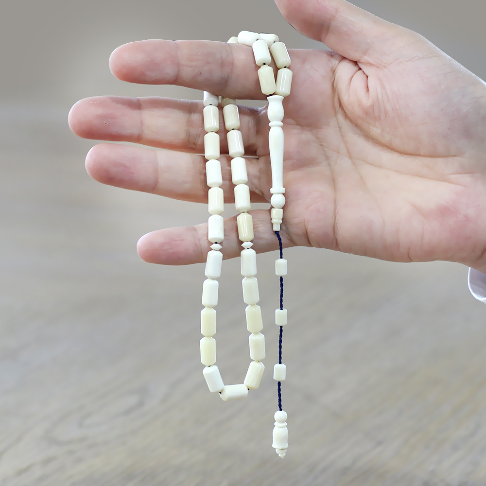 Sistemli Uçlu Kapsül Kesim Naturel Renk Lacivert İpli Deve Kemiği Tesbih - 3