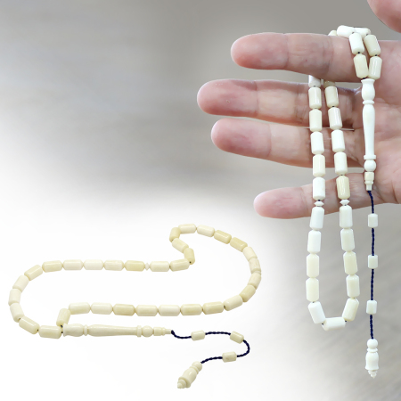 Sistemli Uçlu Kapsül Kesim Naturel Renk Lacivert İpli Deve Kemiği Tesbih - Tesbihane