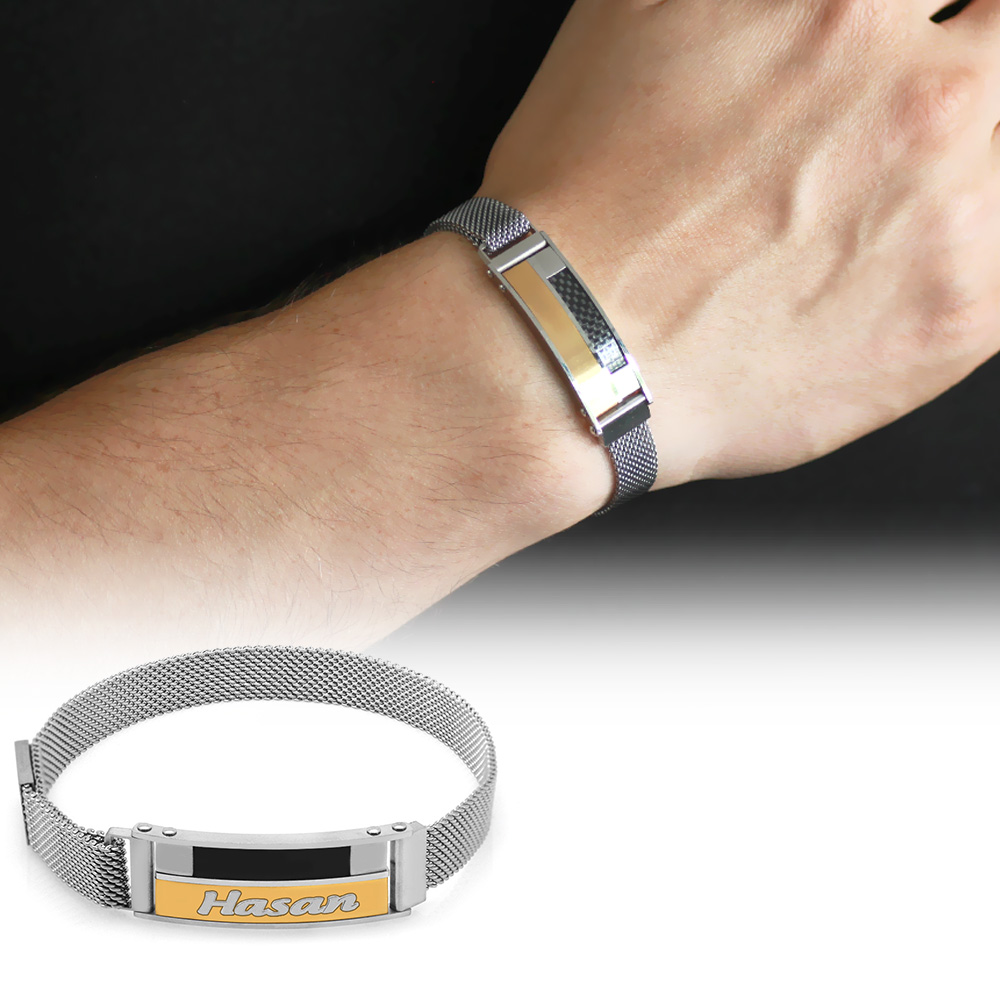 Antik Sarı Detaylı Kişiye Özel İsim Yazılı Magnet Kapamalı Gümüş Renk Çelik Erkek Hasır Bileklik - 1