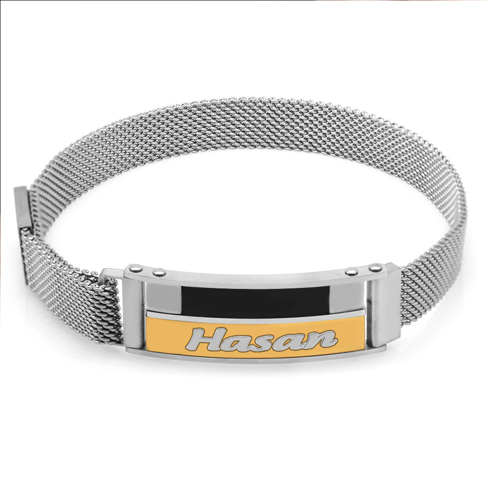 Antik Sarı Detaylı Kişiye Özel İsim Yazılı Magnet Kapamalı Gümüş Renk Çelik Erkek Hasır Bileklik - 4