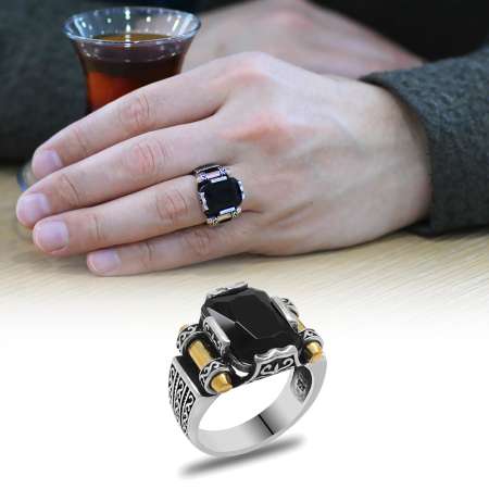 Siyah Baget Taşlı Avangarde Tasarım 925 Ayar Gümüş Şah Cihan Yüzük - Tesbihane