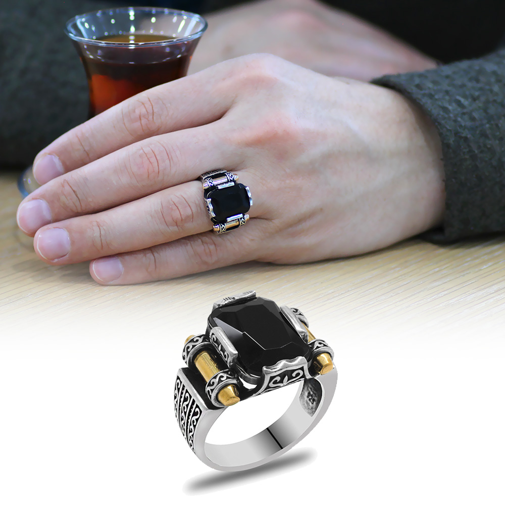 Siyah Baget Taşlı Avangarde Tasarım 925 Ayar Gümüş Şah Cihan Yüzük - 1