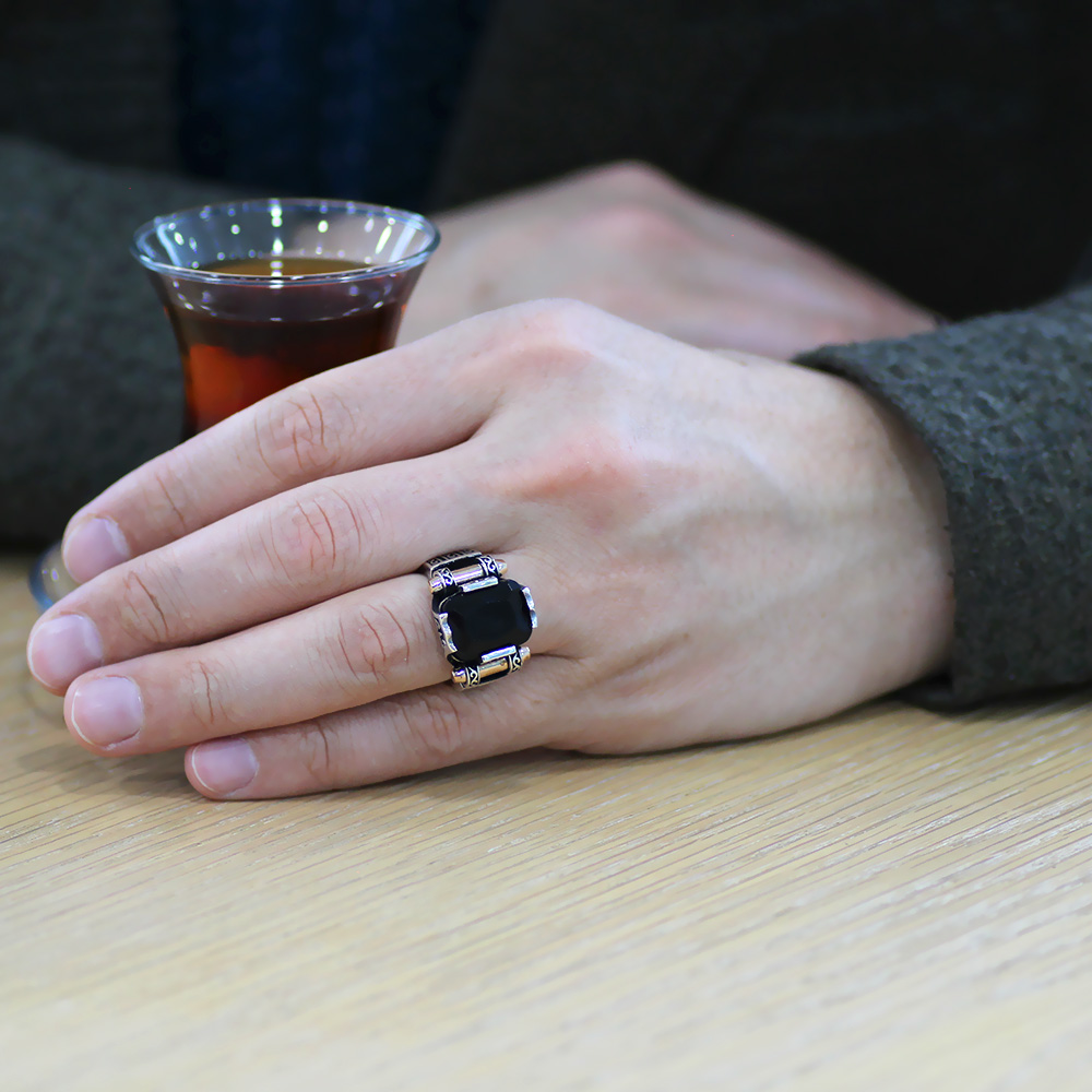 Siyah Baget Taşlı Avangarde Tasarım 925 Ayar Gümüş Şah Cihan Yüzük - 2