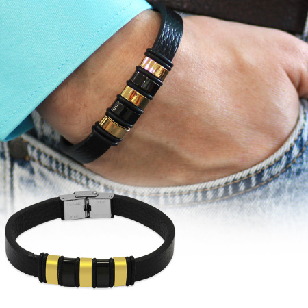 Siyah Deri ve Çelik Bileşim Beş Plakalı İsme Özel Harf Yazılı Erkek Bileklik - Tesbihane